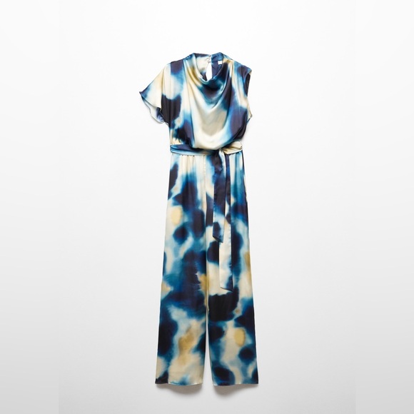 Mango MNG Satin Jumpsuit Draped Neck Wide Leg Belted Blue Print Small - Picture 6 of 9